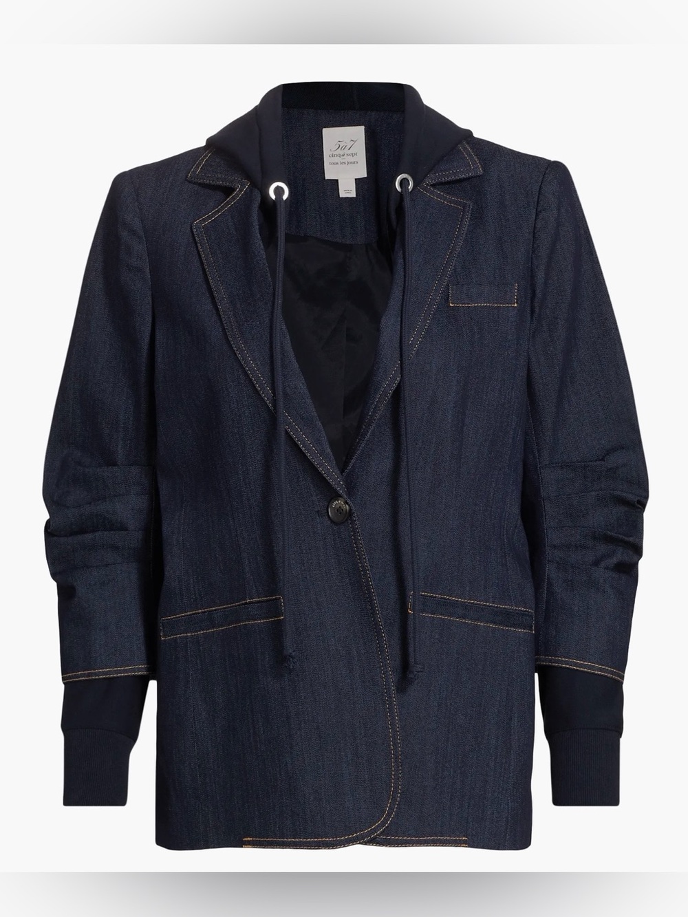 Cinq a Sept NWOT “Kylie” Women's Mixed Media Indigo Denim Blazer With Hood Sz 2